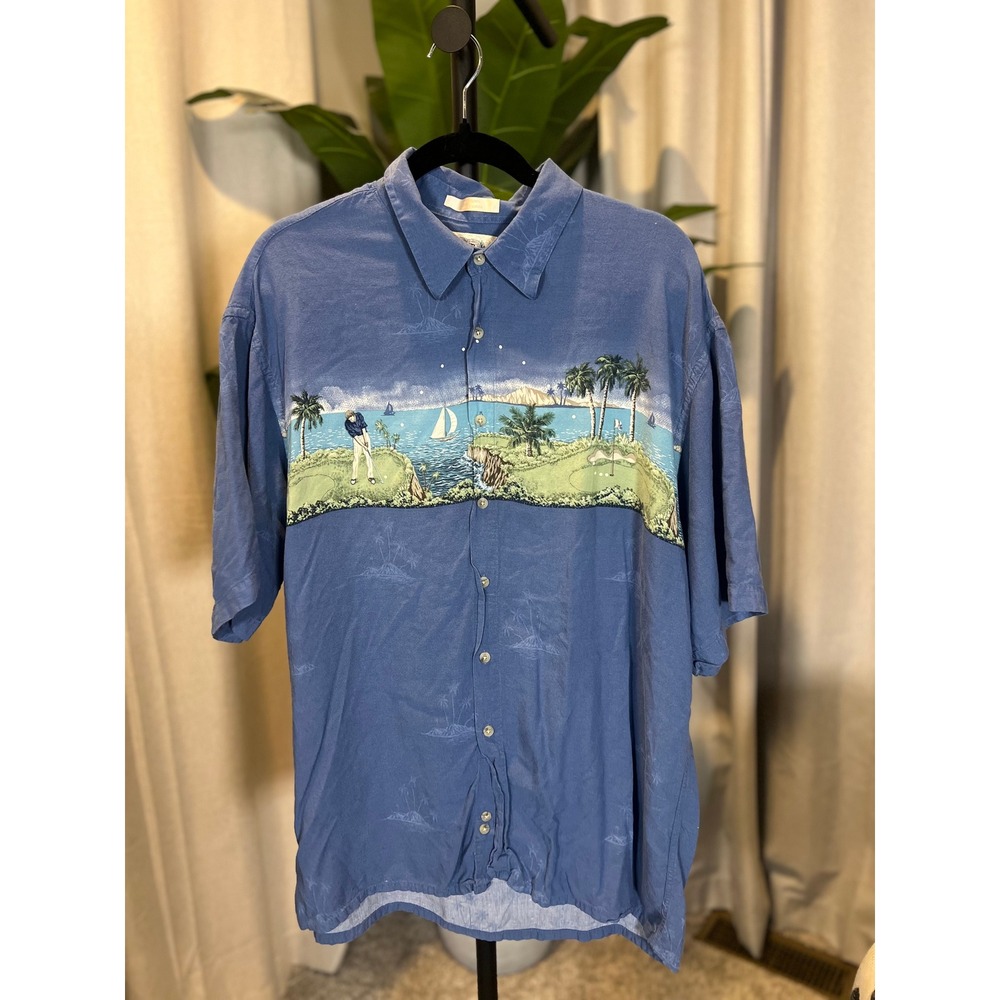 Campia Moda Mens XL Blue Rayon Short Sleeve Golf Tropical Graphic Button Shirt